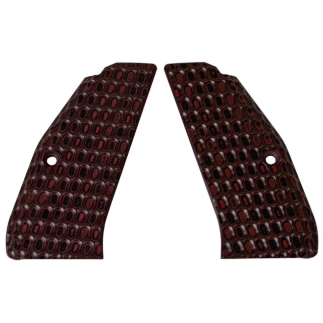The CZ-USA 97 GRIPS HONEYCOMB RED/BLACK feature two wooden grip panels with a honeycomb ovoid pattern, positioned side by side. Each panel is designed with a round hole near the center, and the dark red finish brings out the intricate design, offering an