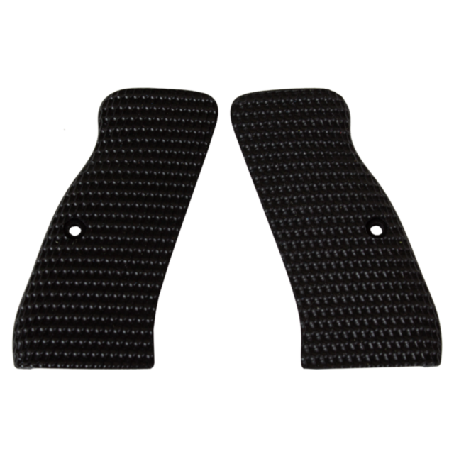 The CZ-USA 97 GRIPS OVALS SOLID BLACK feature two textured grip panels designed for a handgun, showcasing a checkered pattern with ovals. Each panel is equipped with a hole for easy attachment to the firearm.