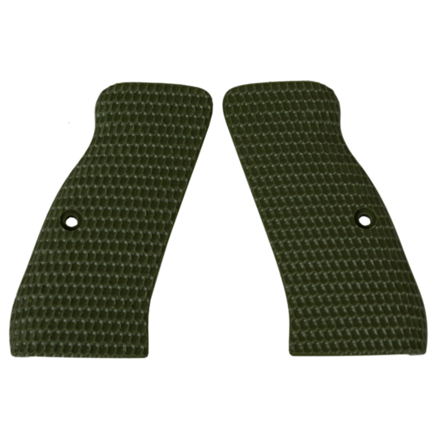 The CZ-USA 97 GRIPS Ovals Solid Green, with textured panels and a checkered pattern complete with screw holes, provide improved grip and stability. This solid green design is expertly crafted to fit perfectly with CZ-USA models.