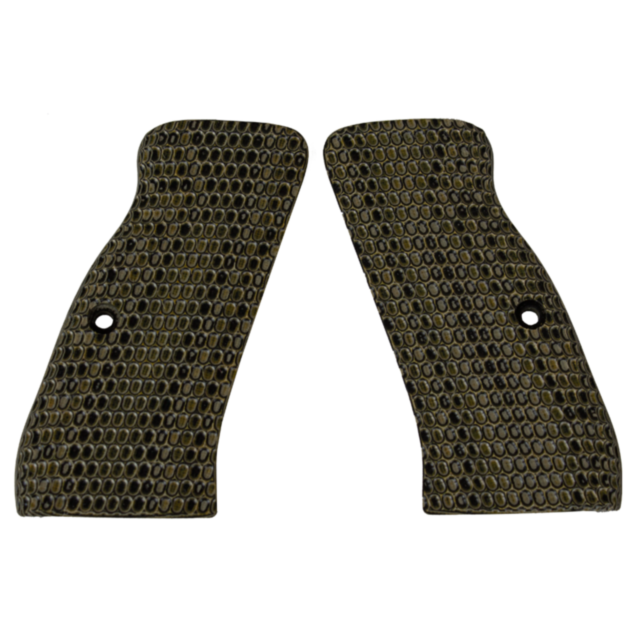 The CZ-USA 97 GRIPS OVALS TAN/BLACK feature two textured grip panels with an oval-shaped pattern and a small circular hole near one edge. The striking tan and black color contrast beautifully against a white background.