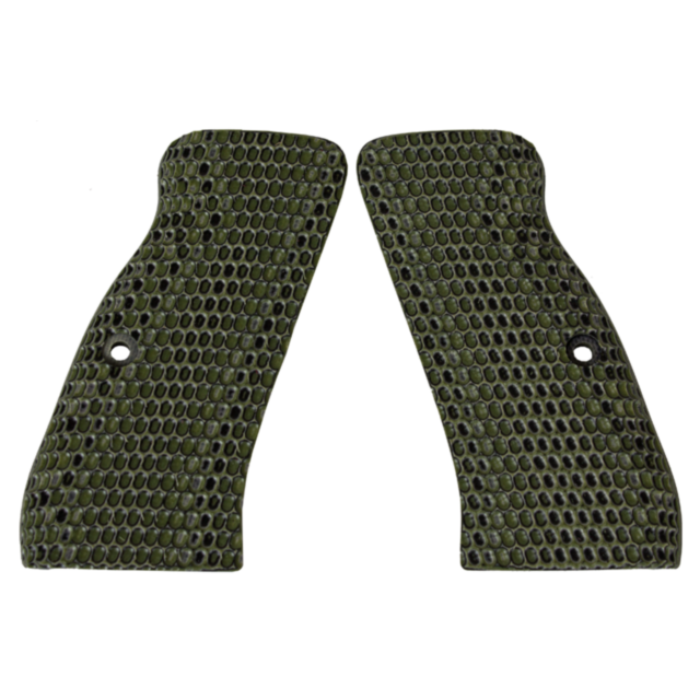 The CZ-USA 97 GRIPS OVALS in green and black feature two textured grip panels with hexagonal patterns, each having two screw holes and a curved design, indicating they are designed to fit a handle or tool.