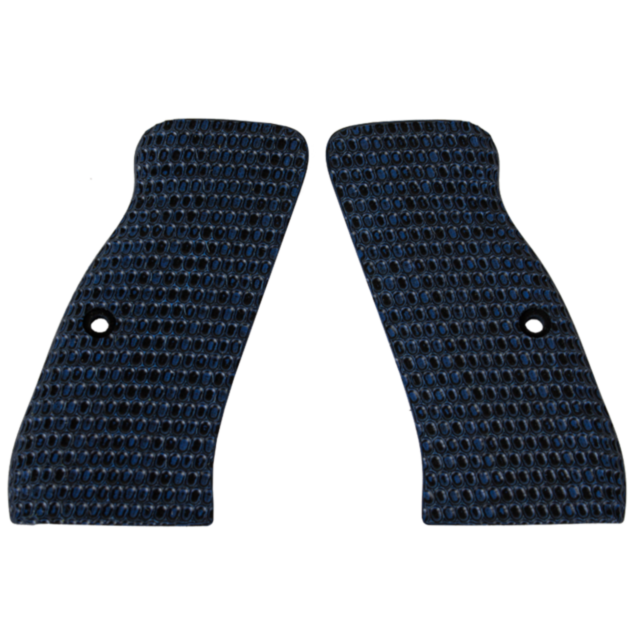 The product CZ-USA 97 GRIPS OVALS BLUE/BLACK consists of two mirrored grip panels, designed with a honeycomb texture and curved edges, featuring a visible hole near the bottom center. The blue and black grips are displayed side by side on a plain white ba