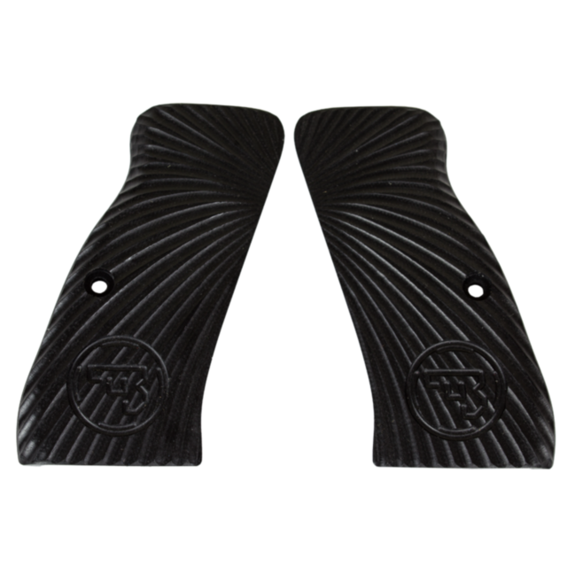 The CZ-USA 97 Grips Burst Solid Black boast a spiral design with an embossed logo at the bottom, making them ideal for CZ-USA 97 models. They include pre-drilled holes to facilitate easy mounting.