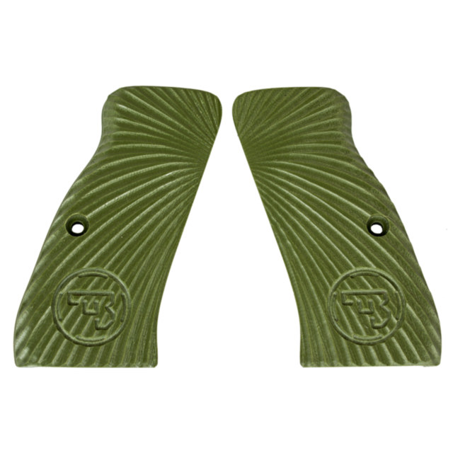 The CZ-USA 97 Grips Burst Solid Green feature two textured grips made of solid green plastic, adorned with spiral patterns and round logos showcasing stylized letters. Each grip is specifically designed to fit a CZ-USA handgun, including an attachment hol