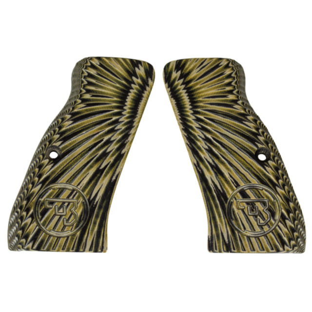 The CZ-USA 97 Grips in Burst Tan/Black showcase an intricate design with tan and black tones arranged in a radial pattern. Each grip prominently features a circular CZ-USA logo with overlapping letters, and the textured appearance is enhanced by grooves e