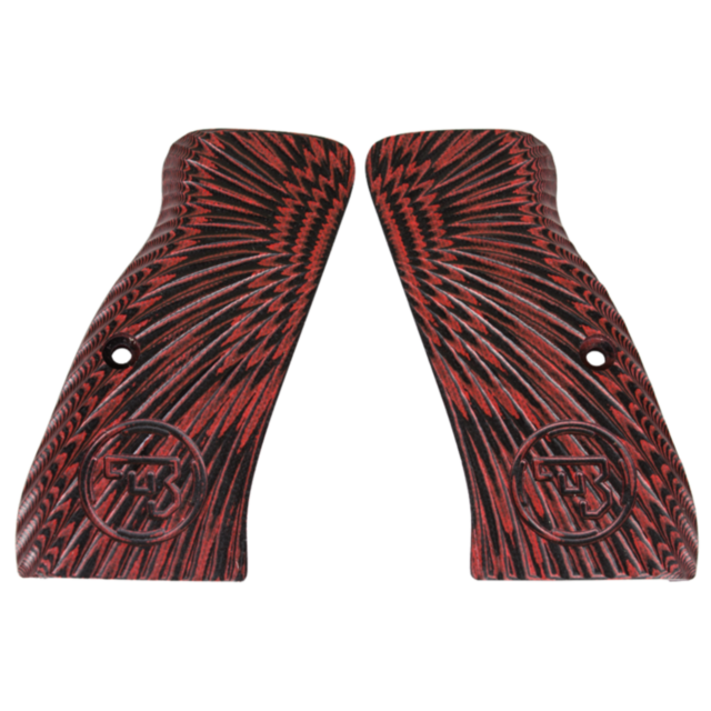 The CZ-USA 97 Grips in burst red/black feature an intricate starburst pattern and a circular logo with initials. Each grip includes an attachment hole and grooves for enhanced grip, showcasing beautiful design and functionality.