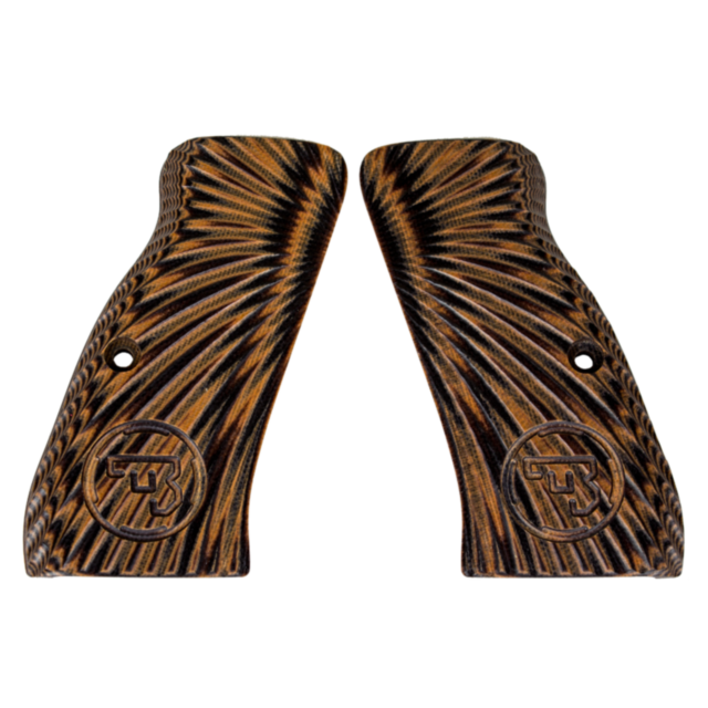 The CZ-USA 97 GRIPS BURST ORANGE/BLACK feature two textured brown grip panels with a spiraling burst of orange and black pattern. They include a circular logo at the bottom showcasing a stylized "TR" design and have mounting holes for a dynamic and visual