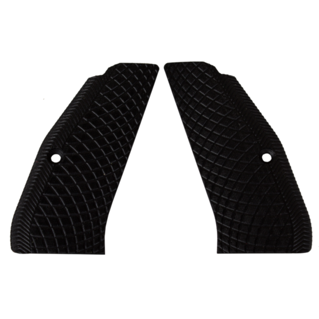 A pair of solid black grips for the CZ-USA 97, featuring a diamond snakeskin pattern with screw holes for easy attachment. These symmetrical grips are showcased against a plain background.