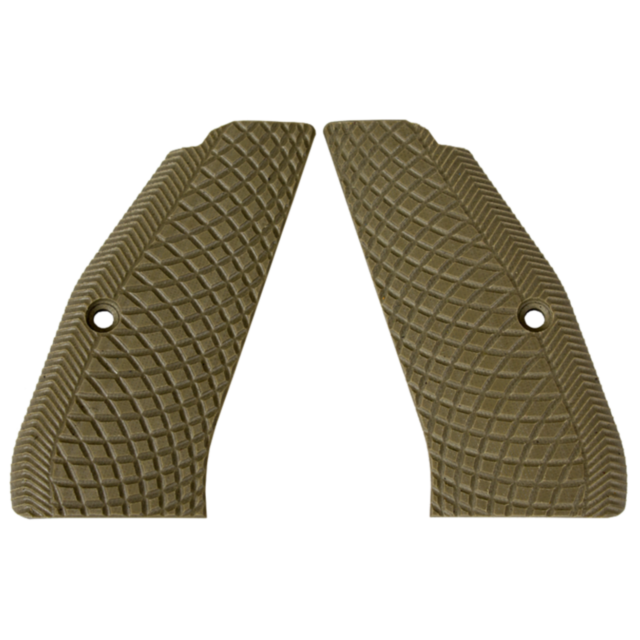 Grips with a solid tan snakeskin pattern, featuring a textured appearance and single hole in each panel, are artfully displayed side by side against a plain white background.