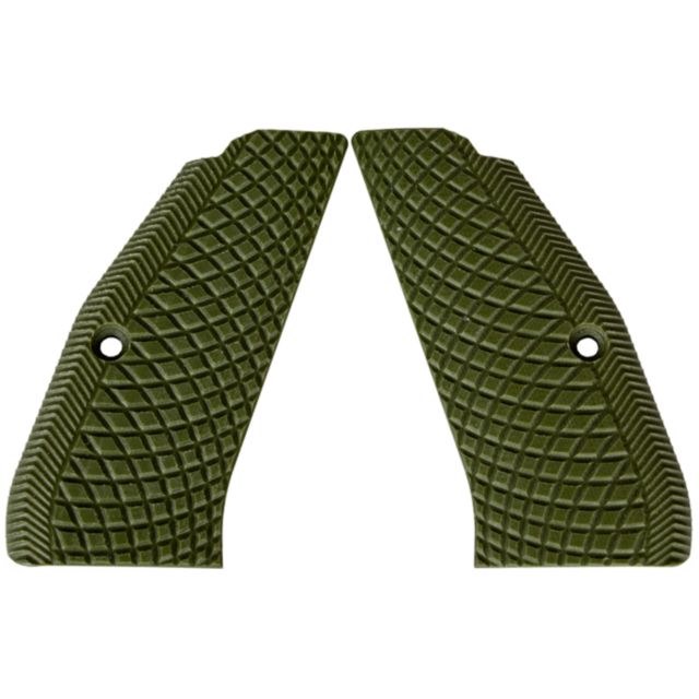 A pair of CZ-USA 97 grips in solid green, featuring a snakeskin pattern designed for a handle or similar object. Each grip has an attachment hole, and placed side by side, they form a symmetrical shape that highlights their distinctive texture.