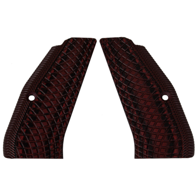 Set against a white background, the CZ-USA 97 Grips Snakeskin Red/Black exhibit a textured snakeskin pattern in red and black. These symmetrical grips feature small circular holes near the top center of each piece.