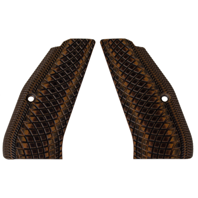A set of CZ-USA 97 grips in textured dark brown, exhibiting a woven pattern, designed for a CZ-USA firearm. Each grip includes a small circular hole near the top and showcases a three-dimensional, diamond-shaped lattice design that reflects the snakeskin