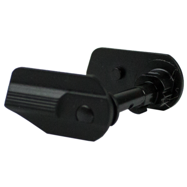 Close-up of a black metal latch or handle with a textured surface, featuring a rotating mechanism and multiple components. This is part of the SAFETY SET SHADOW 2 FLAT LEFT AND FLAT RIGHT, designed to ensure security in both flat left and flat right orien