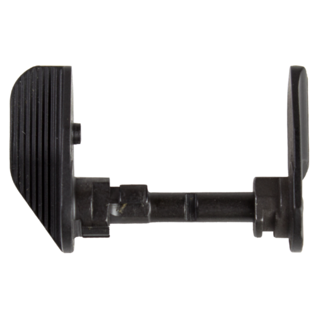 Close-up image of a black metal component from the SAFETY SET SHADOW 2 EXTENDED LEFT AND FLAT RIGHT, showcasing two ribbed, lever-like structures on either side, connected by a central rod. This safety set seems to be part of a mechanical or firearm mecha