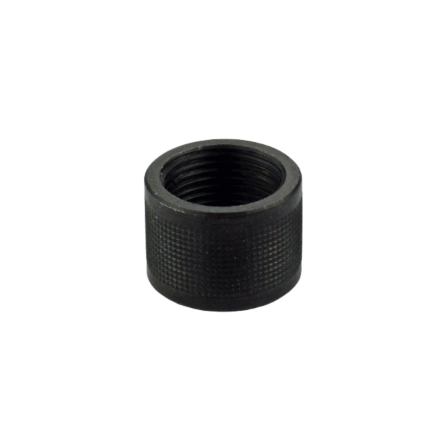 The THREAD PROTECTOR 1/2X28 AMERICAN is a black metal knurled nut designed with a 1/2x28 threaded interior, ideal for securing components or acting as a thread protector in mechanical or electronic devices. Its cylindrical shape features a textured surfac