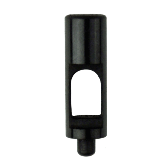 Product Name: A 455 STRIKER SPRING SUPPORT is a black cylindrical mechanical component featuring an open rectangular section in the middle and a protruding round tip at the bottom, designed to function as a striker for precise applications.