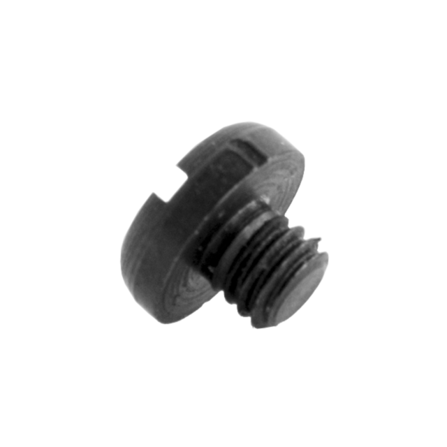 Close-up image of the 455 REAR SIGHT BASE SCREW, showcasing its black metal base with cylindrical threading. The head appears slightly worn, featuring a visible slot for a flat screwdriver. Angled towards the left, it highlights the ridges of its threadin