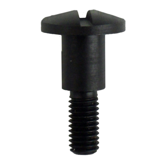 Introducing the 512 FOREND SCREW, a black metal fastener with a slotted head and cylindrical body. It features a threaded bottom half for secure fastening, a wide flat top that tapers to a narrow tip, making it ideal for mechanical or industrial use.