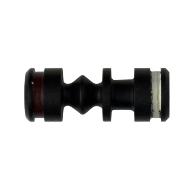 Close-up of the 512 TRIGGER SAFETY in black rubber with red and white bands, featuring a central bulbous section and rounded ends, designed as a crucial car suspension bushing.