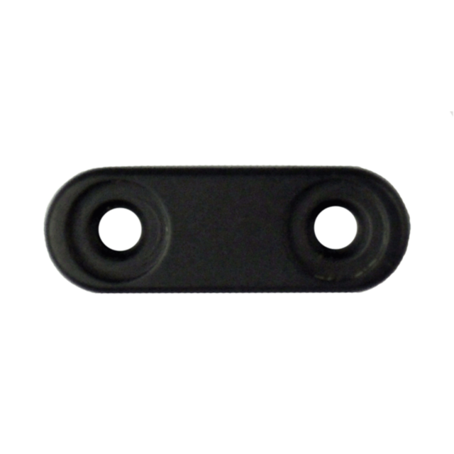 A small, black, oval-shaped metal plate with two circular holes and raised edges, resembling a compact 512 RECOIL SPRING CARRIER component, sits against a white background.