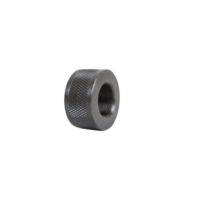 A close-up of the THREAD PROTECTOR 1/2X28 VARMINT showcases its black knurled design, reminiscent of a textured grip or adjustment knob, featuring a threaded interior with 1/2x28 sizing. Its surface displays a diamond-shaped pattern for enhanced grip, ide