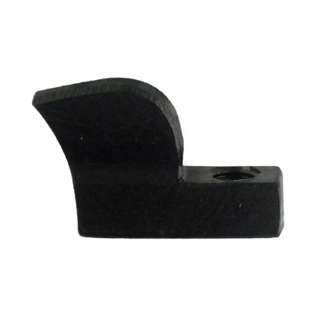 The FRONT SIGHT 452/455/512 #4 is a black, L-shaped metal bracket featuring a flat base and a curved top design. It includes a hole on the flat section for mounting or attachment, making it ideal for supporting a front sight. The surface is smooth with a