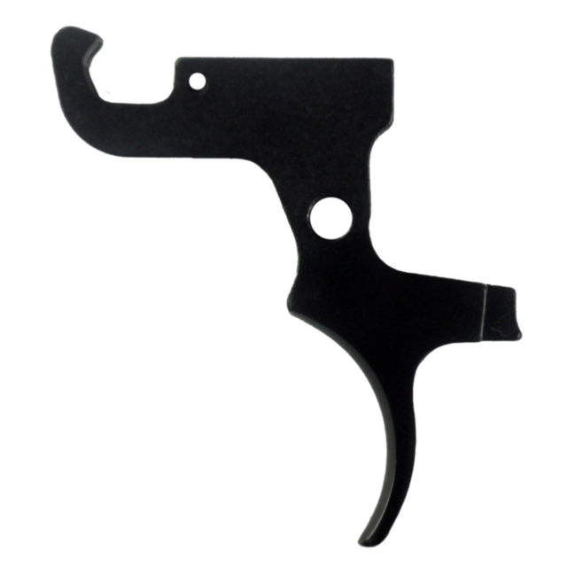 Silhouette of the 512 TRIGGER, a black metal piece with a curved lever, flat top, and a hole near the middle, set against a white background.