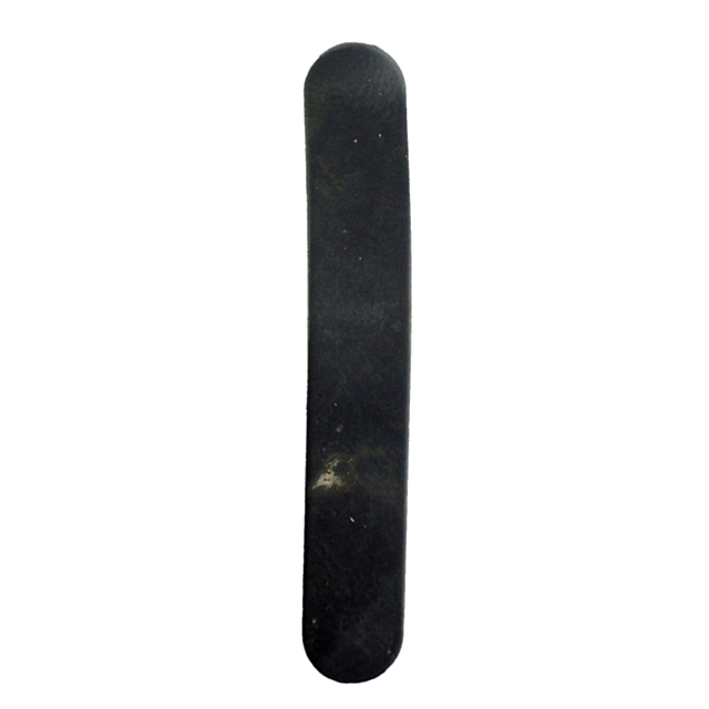 A REAR SIGHT LEAF SPRING 452/455/457 snowboard in black, featuring a sleek and narrow design, displays signs of use with scuffs and scratches similar to a well-used rear sight. It is positioned upright against a plain white background.