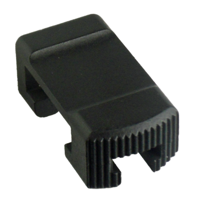 The REAR SIGHT SLIDER 452, a black, plastic U-shaped clip with ridges on one side for optimal functionality, is showcased against a white background, highlighting its simple and compact design.