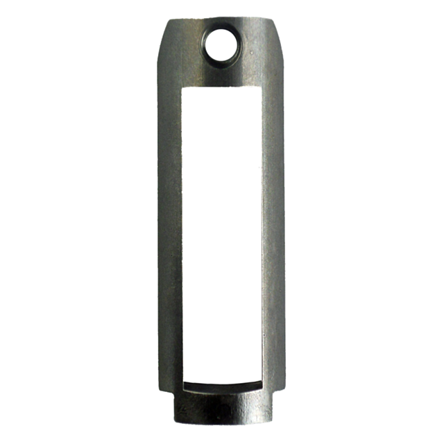 A metallic keyhole escutcheon with a rectangular shape features a circular hole at the top designed like the BOLT GUIDE 452 WMR/HMR, ensuring easy key insertion while protecting the surrounding surface.