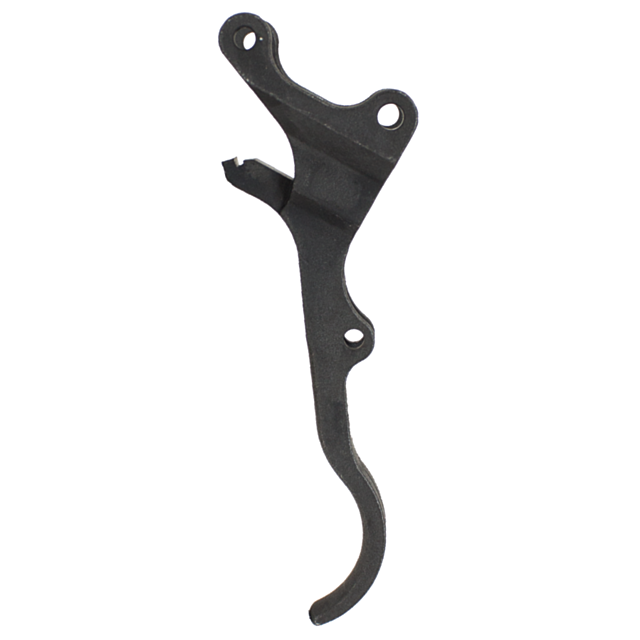 A black, curved metal bracket featuring three holes and a hook-like extension, potentially utilized in mechanical or industrial applications, reminiscent of the TRIGGER 452/455 design.