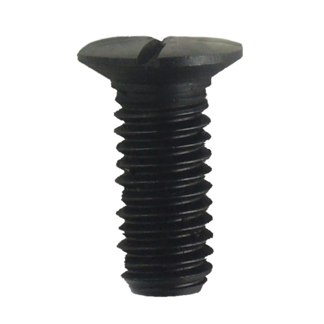 The FRONT ACTION SCREW 452 WMR/HMR is a black metal fastener featuring a flat head and a single slot designed for screwdriver use. Its threaded body makes it ideal for securing materials, with the screw oriented upright and its head at the top.