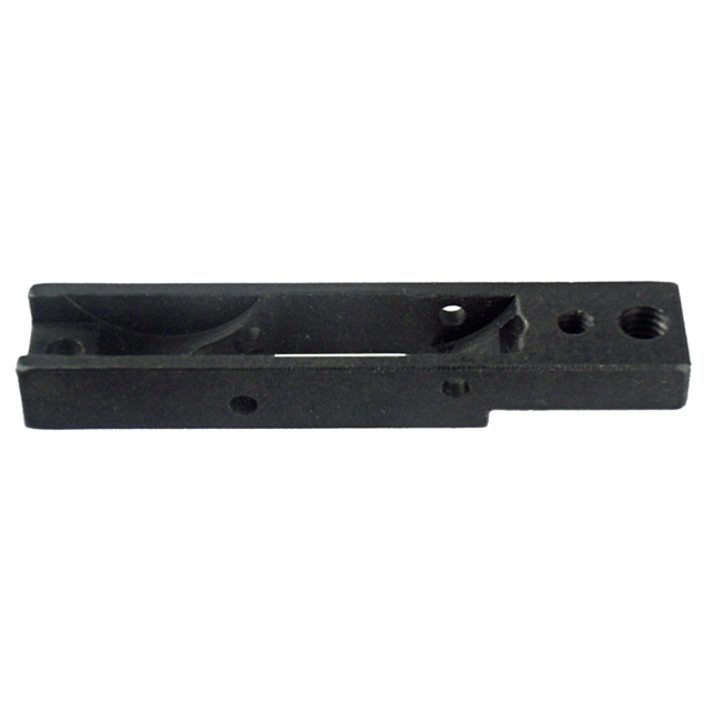 Close-up of the TRIGGER MECH. SUPPORT CZ 453, a rectangular black metal bracket featuring multiple holes and a threaded section, likely functioning as a component within the mechanical or industrial system.