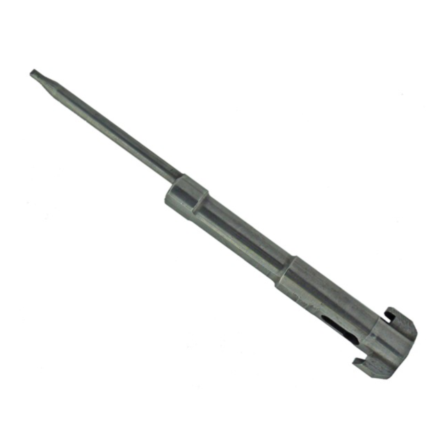 This tool, resembling a large pin or mechanical probe, has a slender cylindrical shaft and pointed tip in silver metal. Its broader base includes a flat, partially hollowed-out section for enhanced functionality or attachment, exemplifying the precision c