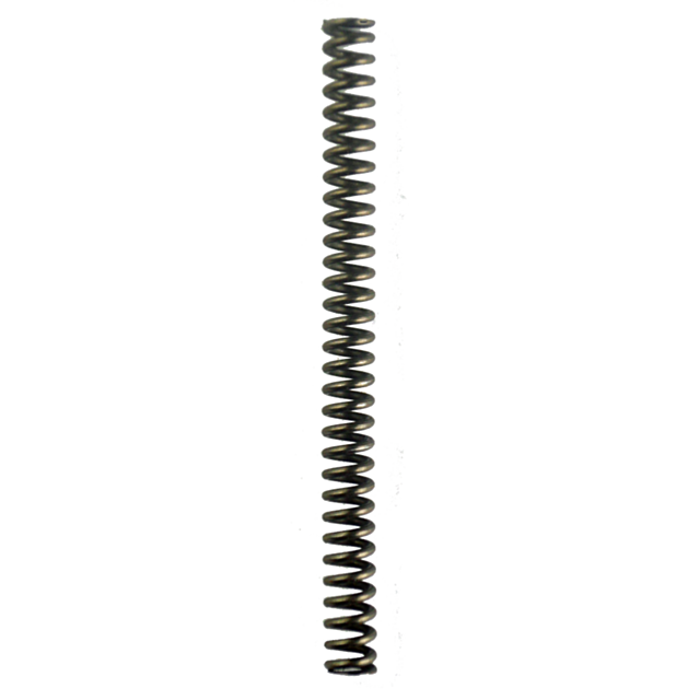 A vertical, metallic coil spring labeled "STRIKER SPRING 452" stands upright against a plain background. The tightly wound spirals and shiny surface reflect light in some areas, highlighting its precision and resilience.