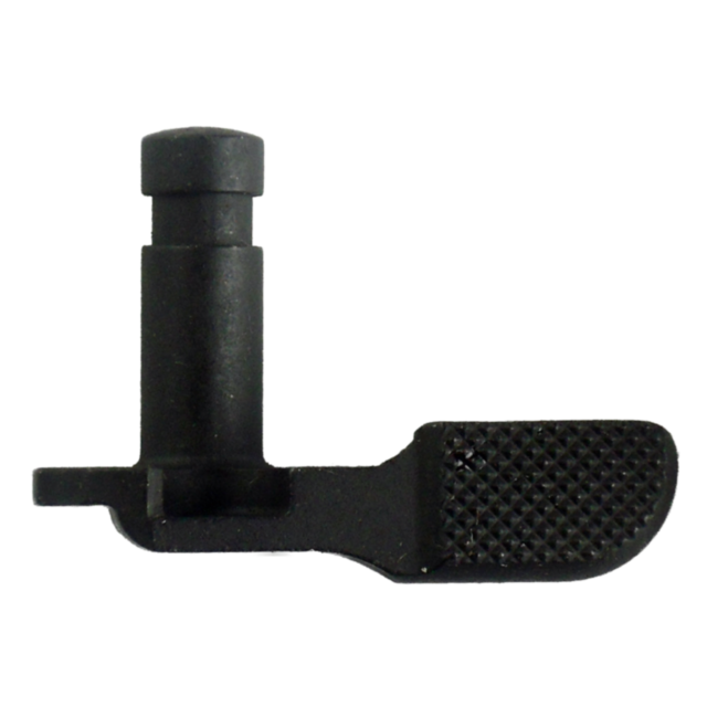 Close-up of the SAFETY 452 LEFT HAND lever, featuring a textured grip on one end and designed for left-hand operation. The black mechanical lever is likely part of a larger safety device, with a cylindrical protrusion on the other end against a stark whit