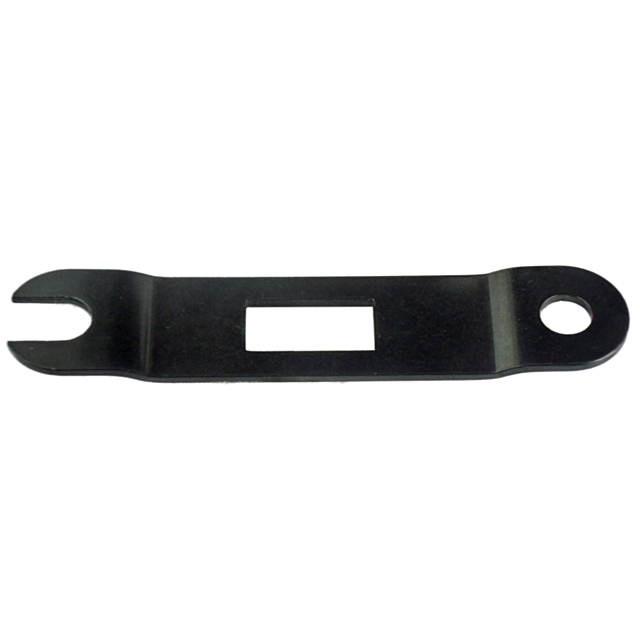 A close-up of a black metal wrench featuring a U-shaped opening on one end and a circular hole on the other, with an HMR rectangular cutout in the center that resembles the TRIGGER GUARD PLATE 452 WMR/HMR. The background is plain white.