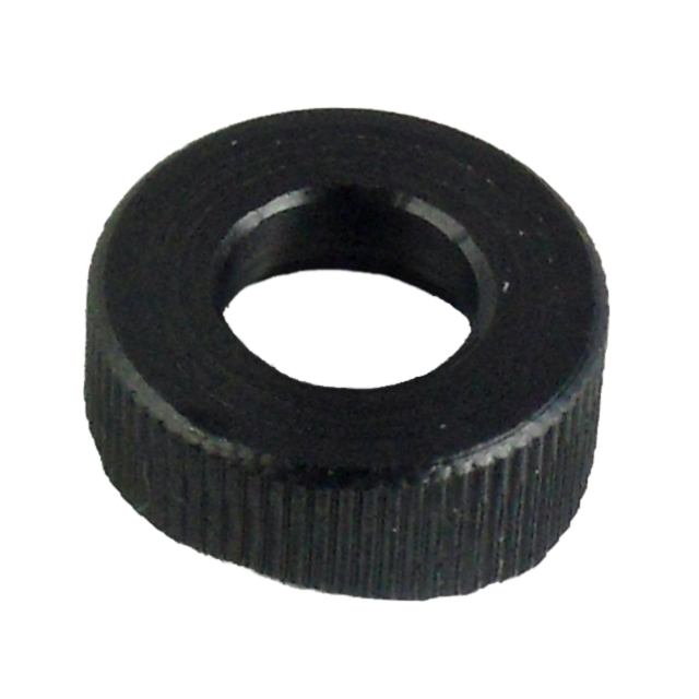 A sleekly designed ESCUTCHEON 452/527/550, featuring a black, round, textured plastic knob with a central hole, is showcased from an angle.