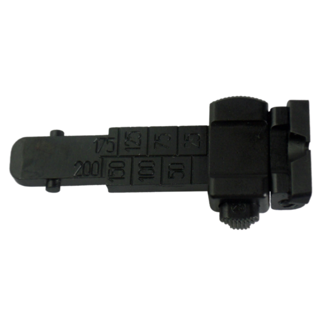 A close-up of the Tangent Rear Sight Leaf Assembly 452/455/457 showcases distance markings from 25 to 200. The black assembly includes a textured adjustment knob on the right and an elevation slider for precise control.