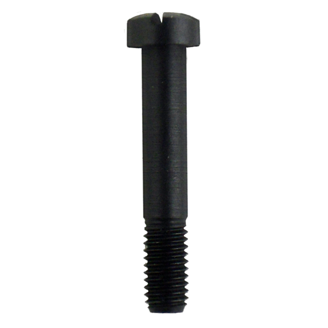 The FRONT ACTION SCREW 527, crafted from black metal, features a slotted head on one end and threads on the opposite end. Positioned vertically against a pristine white background, it stands out with its sleek design.