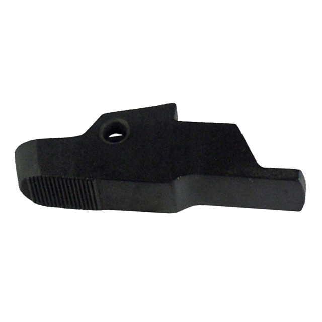 The BOLT STOP 527 is a black metal component that resembles a bolt stop. It includes a hole near the center and features a textured grip on one end. The item is part of the 527 series and has an angular design with a protruding section on one side.