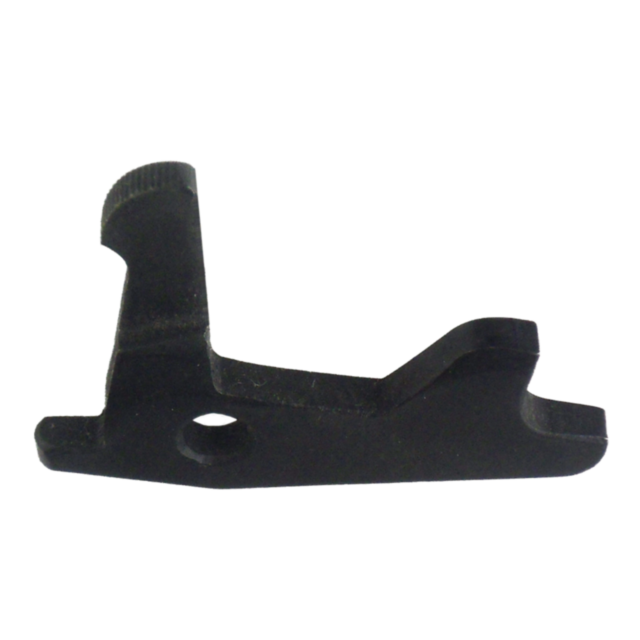 Close-up of a black mechanical lever or trigger component, similar to the BOLT STOP 550, featuring a notched edge and a hole near the bottom, against a white background.