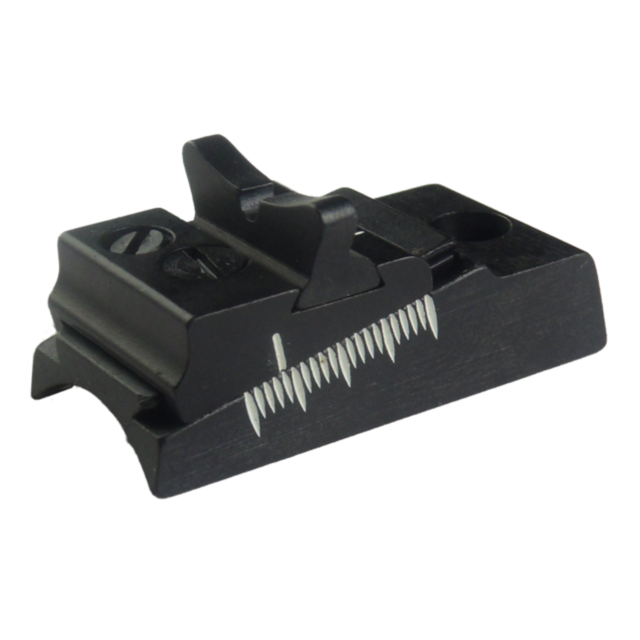Close-up of the REAR SIGHT 455/512 LPA for a firearm, shown here in black with adjustable features. It has fine serrations on its rear face to minimize glare and includes a movable notch for precise alignment to enhance accuracy.