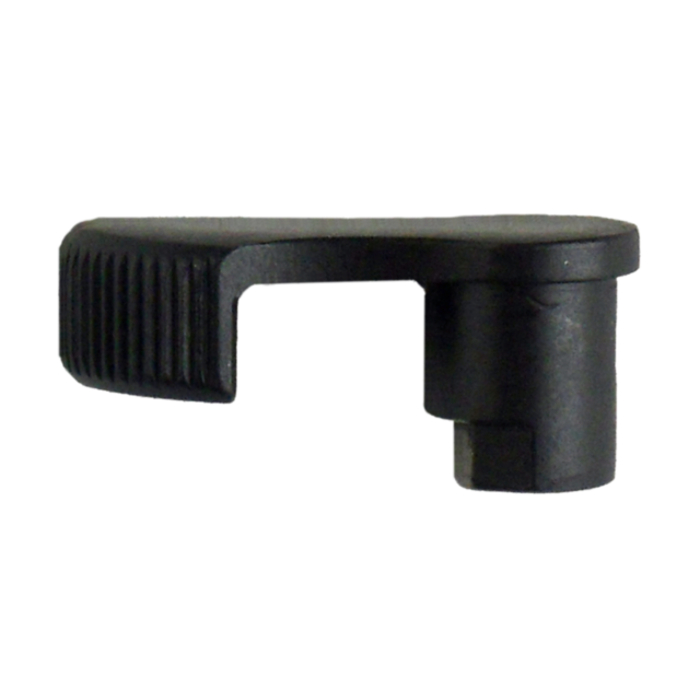 The SAFETY 527 is a black, L-shaped metal object featuring a textured grip on one side and a cylindrical component on the other, designed to serve as a lever or handle for mechanical purposes.
