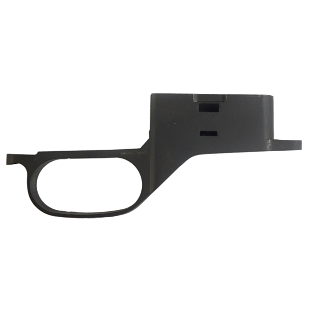 The TRIGGER GUARD CZ 527 .223/ .17 REM is a black metal accessory designed for CZ 527 firearms, featuring an opening for the trigger alongside additional rectangular cutouts. Its design boasts sharp angles and a matte finish, with the image highlighting i