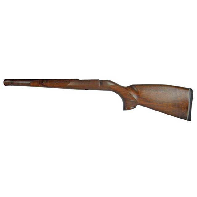 Side view of the STOCK 527 LUX LEFT HAND, a wooden gun stock tailored for left-handed users, showcasing a polished finish and intricate engraved details against a white background.