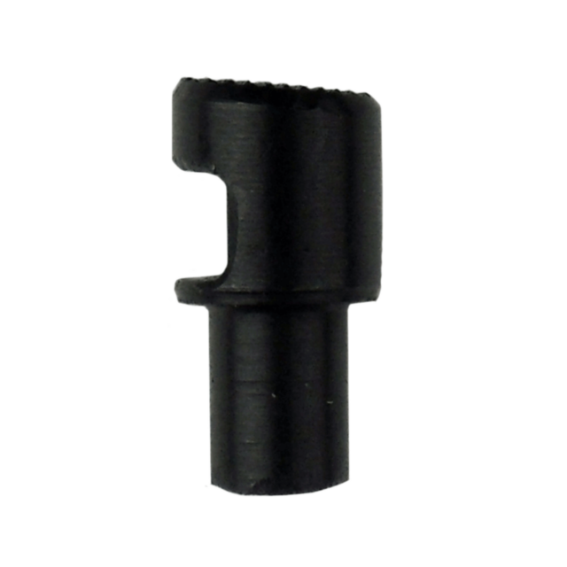 The 550 BOLT HEAD PUSH BUTTON is a black cylindrical plastic component, resembling a bolt head with a hollow center and flat top. It includes a notch on one side and has a slightly tapered base for precise placement.