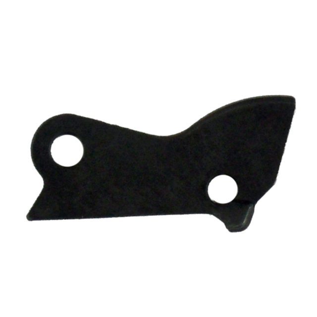 The EJECTOR 550 is a dark metal piece with an irregular shape, characterized by two holes—one located near the top-left and another at the bottom-right. It has a sloping curve on the right side and features a matte surface texture.