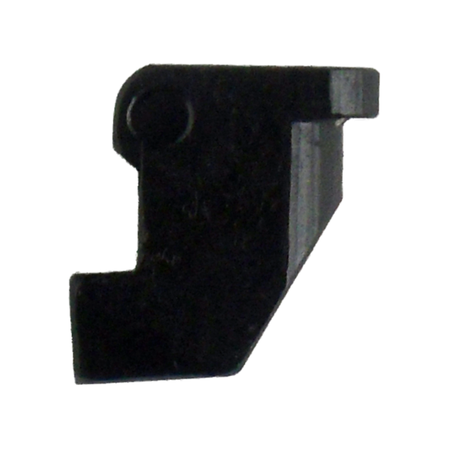 A black, uniquely shaped metal piece, similar to a 550 DETACH MAGAZINE CATCH, showcases a curved edge on one side and a flat surface on the other, set against a white background.