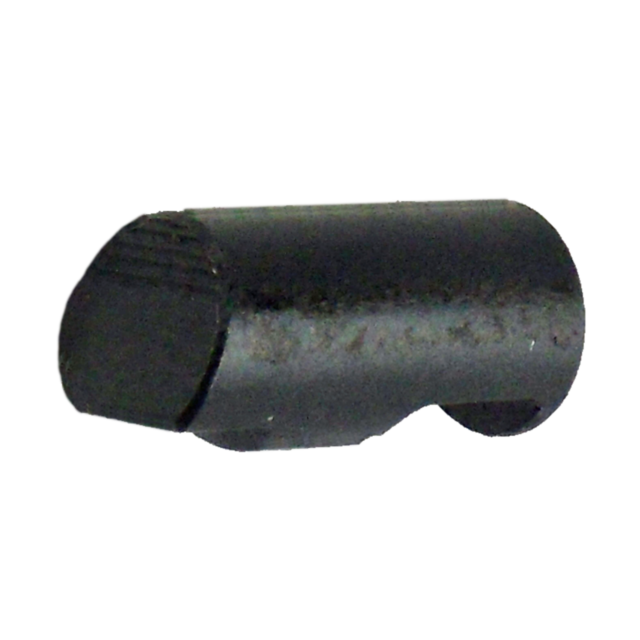 The 550 FIXED FLOOR PLATE BUTTON is a black cylindrical object characterized by its textured grip section, slanted cut on one end, small fixed notch on the side, and inconspicuous button.